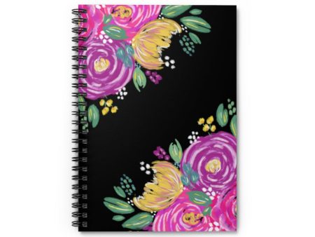 Black Floral Spiral Notebook - Ruled Line Online now