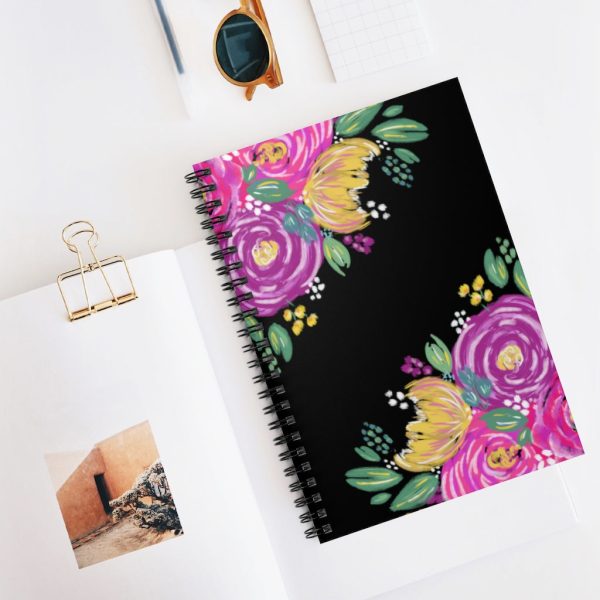 Black Floral Spiral Notebook - Ruled Line Online now